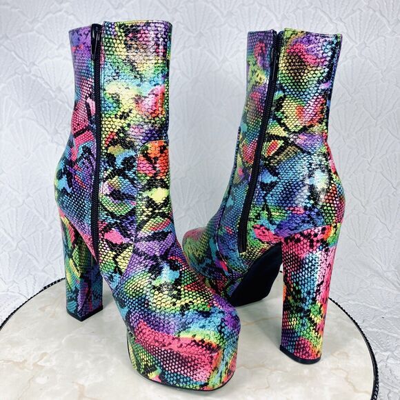 Liliana Platform Boots Womens Size 7 Rainbow Snakeskin Print Disco Zip Up Heels - Picture 10 of 14